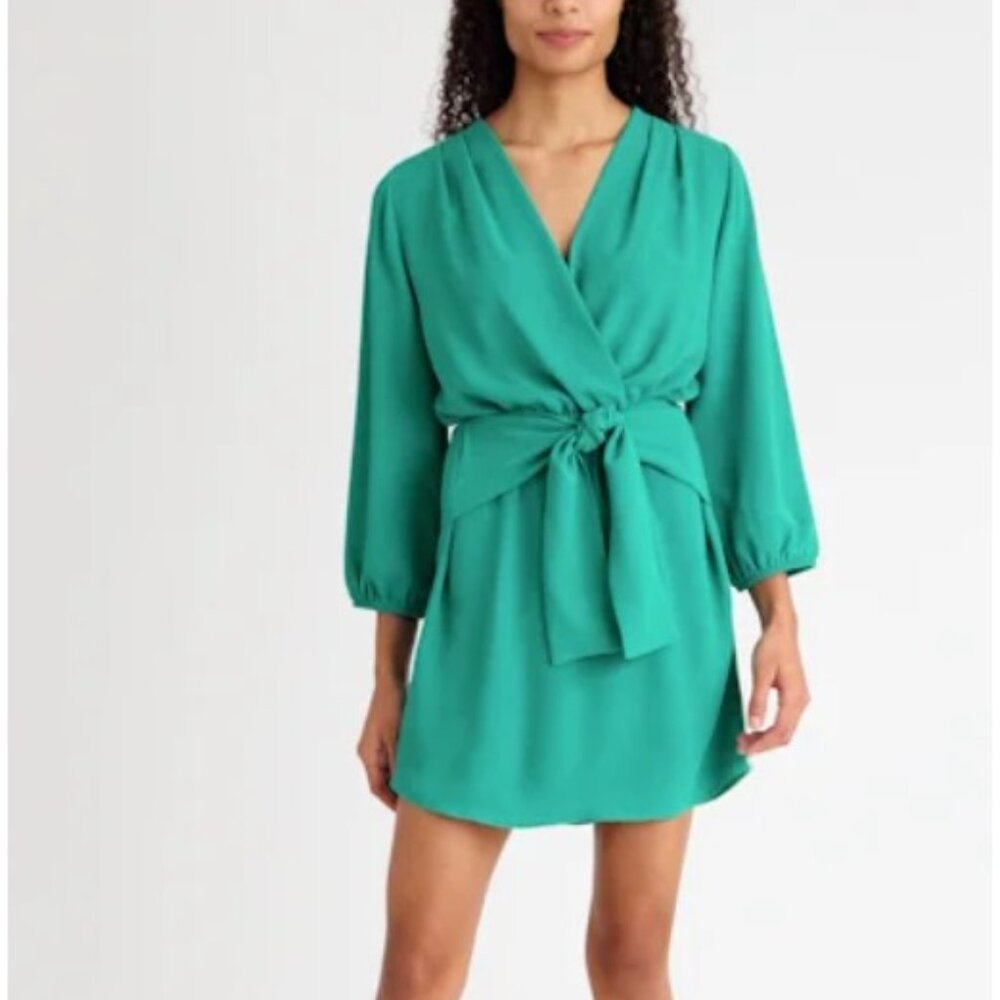 Fraiche by J Womens Green Wrap Mini Dress Pleated Long Sleeve Tie Waist Size L